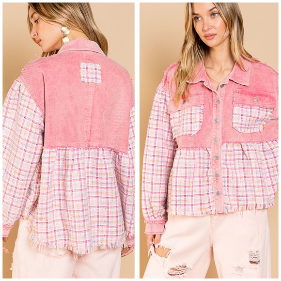 Corduroy Tweed Ballon Sleeves Pink Womens Shacket Button Down - Picture 4 of 11